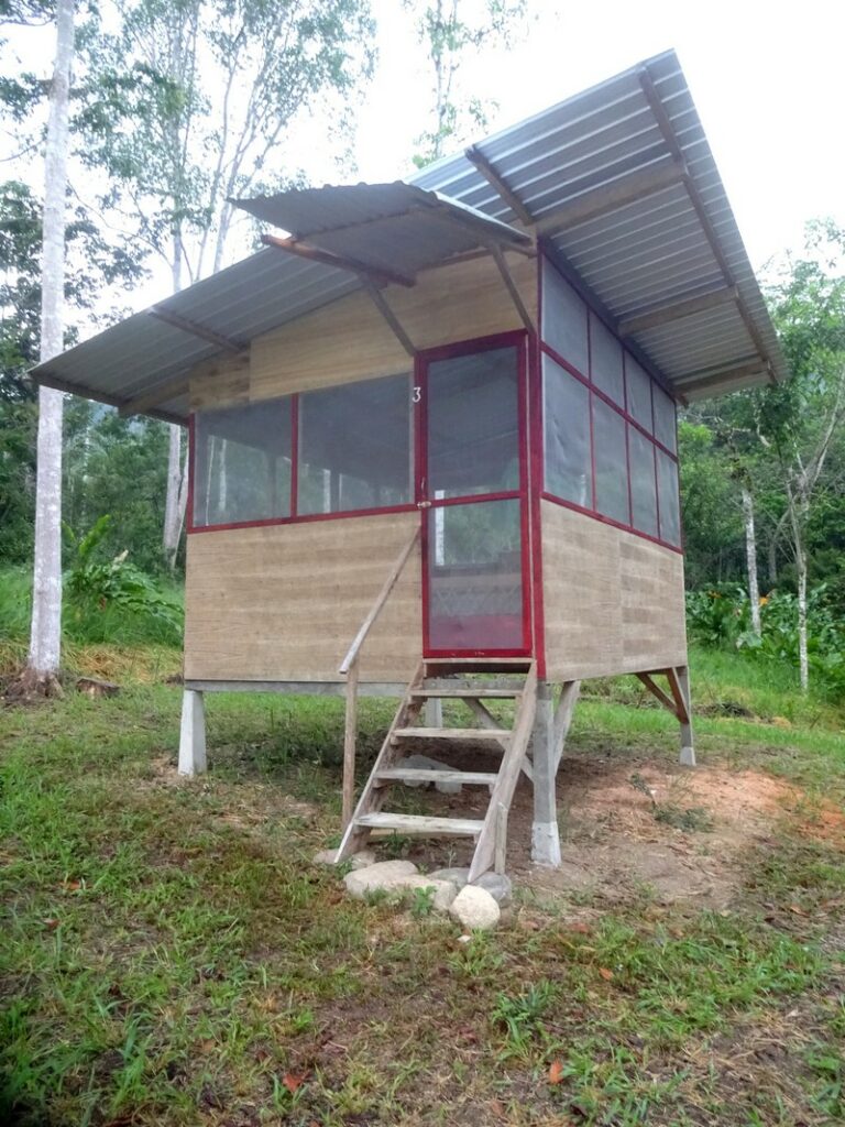 Photo of a small, simple wooden structure with a metal roof with a floor about 1 meter raised from the jungle floor. Surrounding the structure is a lush green forest.