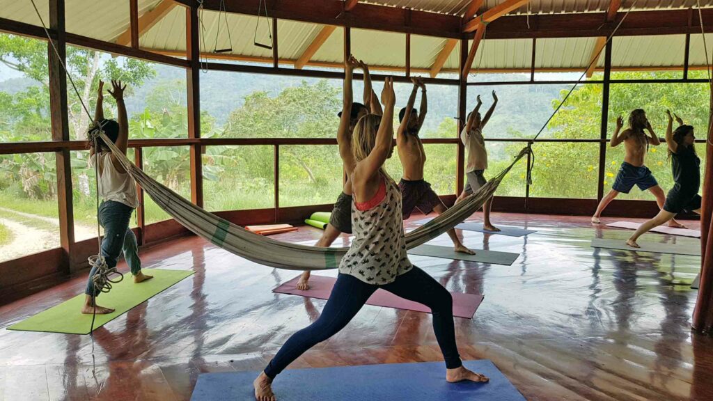 Photo of seven people doing yoga stretches in a circle atop various-colored yoga mats atop a hardwood floor in a screened-in structure with a view of trees in the background