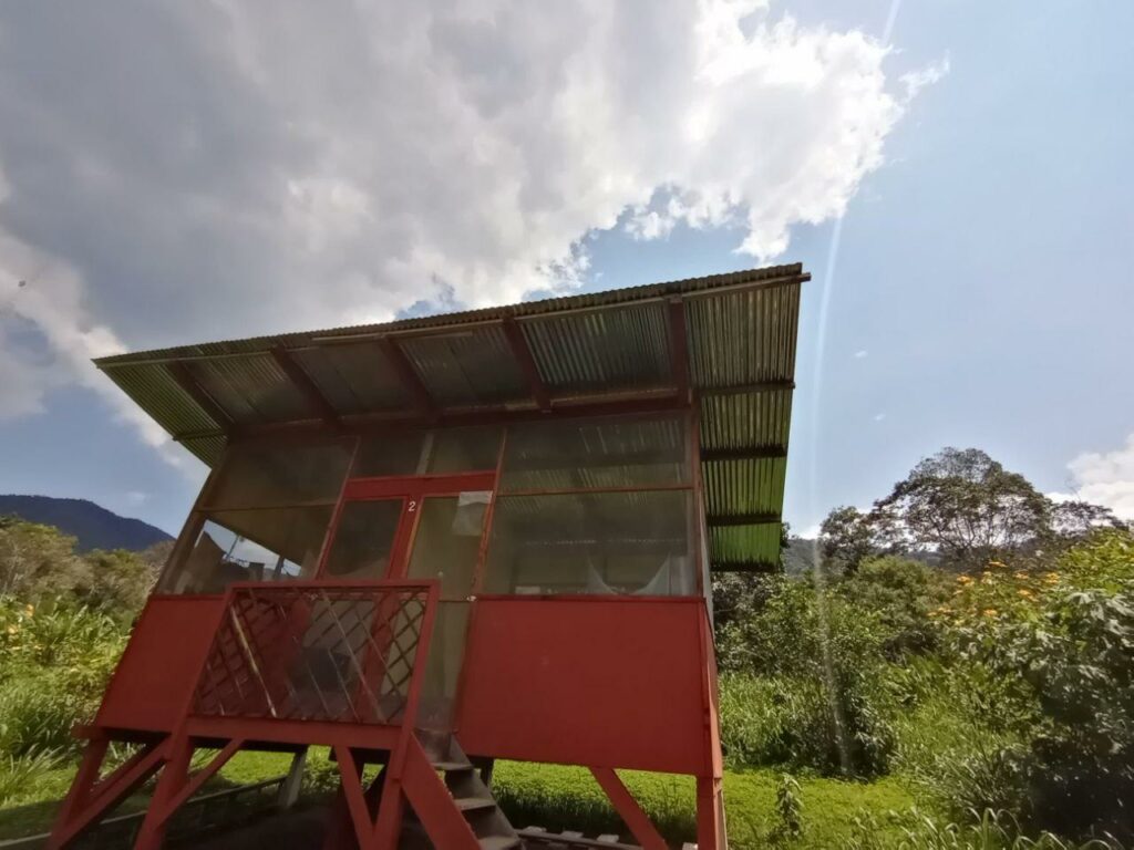 Photo of a small, simple wooden structure with a metal roof with a floor about 1 meter raised from the jungle floor. Surrounding the structure is a lush green forest.