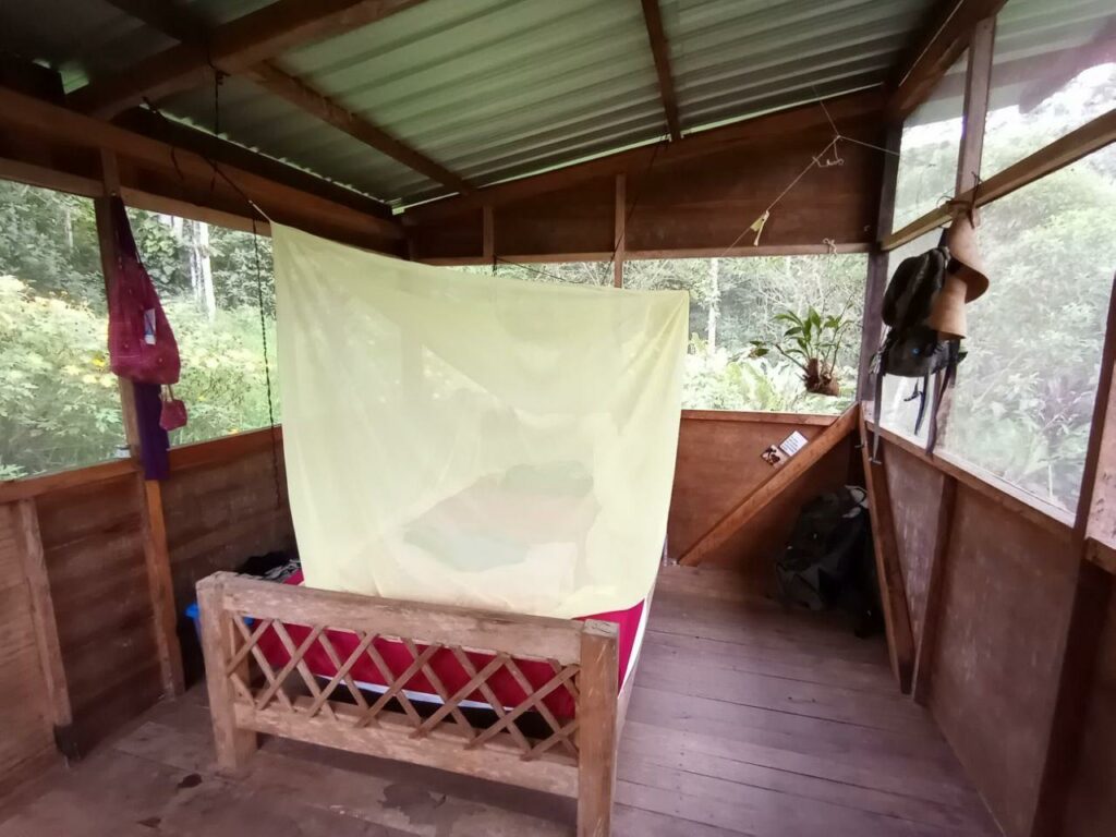 Photo inside a small, rustic bedroom with wooden floors and 360-degree screened-in windows. There is a wooden bed with a mattress and mosquito net on it.