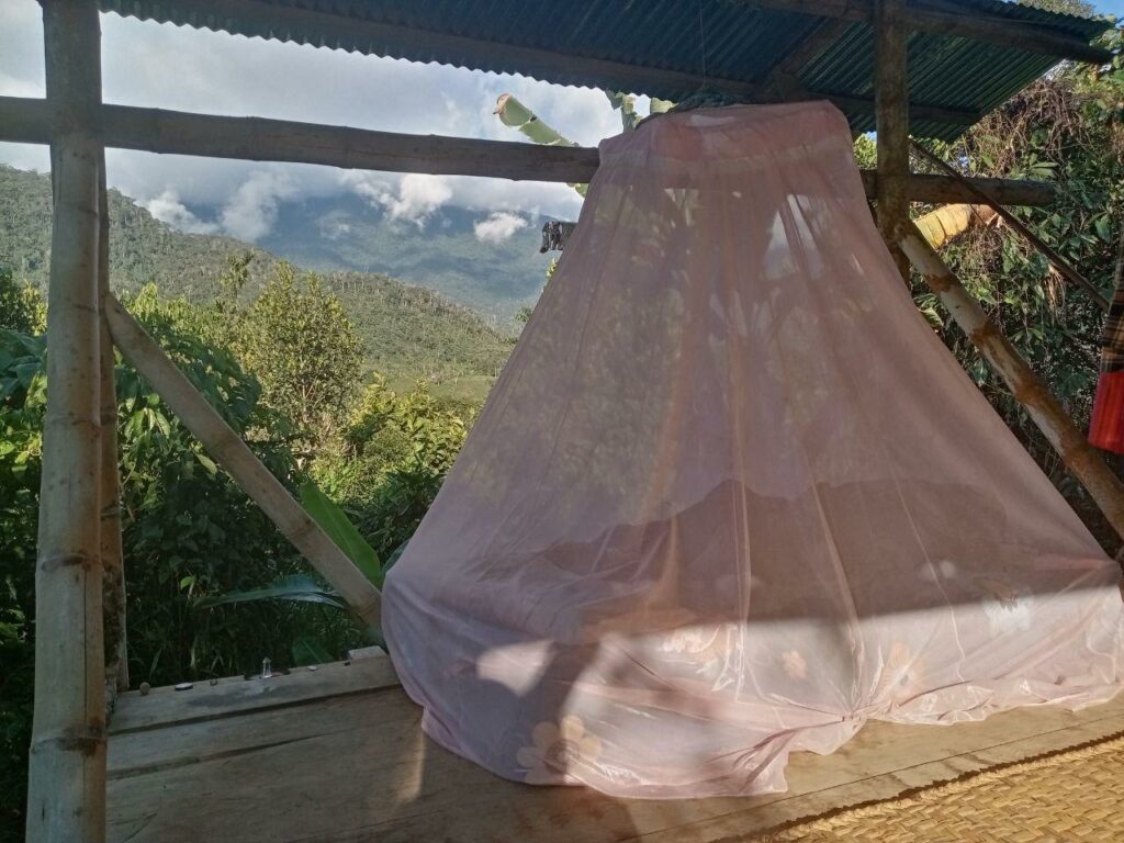 Photo of a mattress on a wood & bamboo platform with a metal roof overlooking a jungle-forested hillscape. The mattress is covered with a hanging mosquito net.