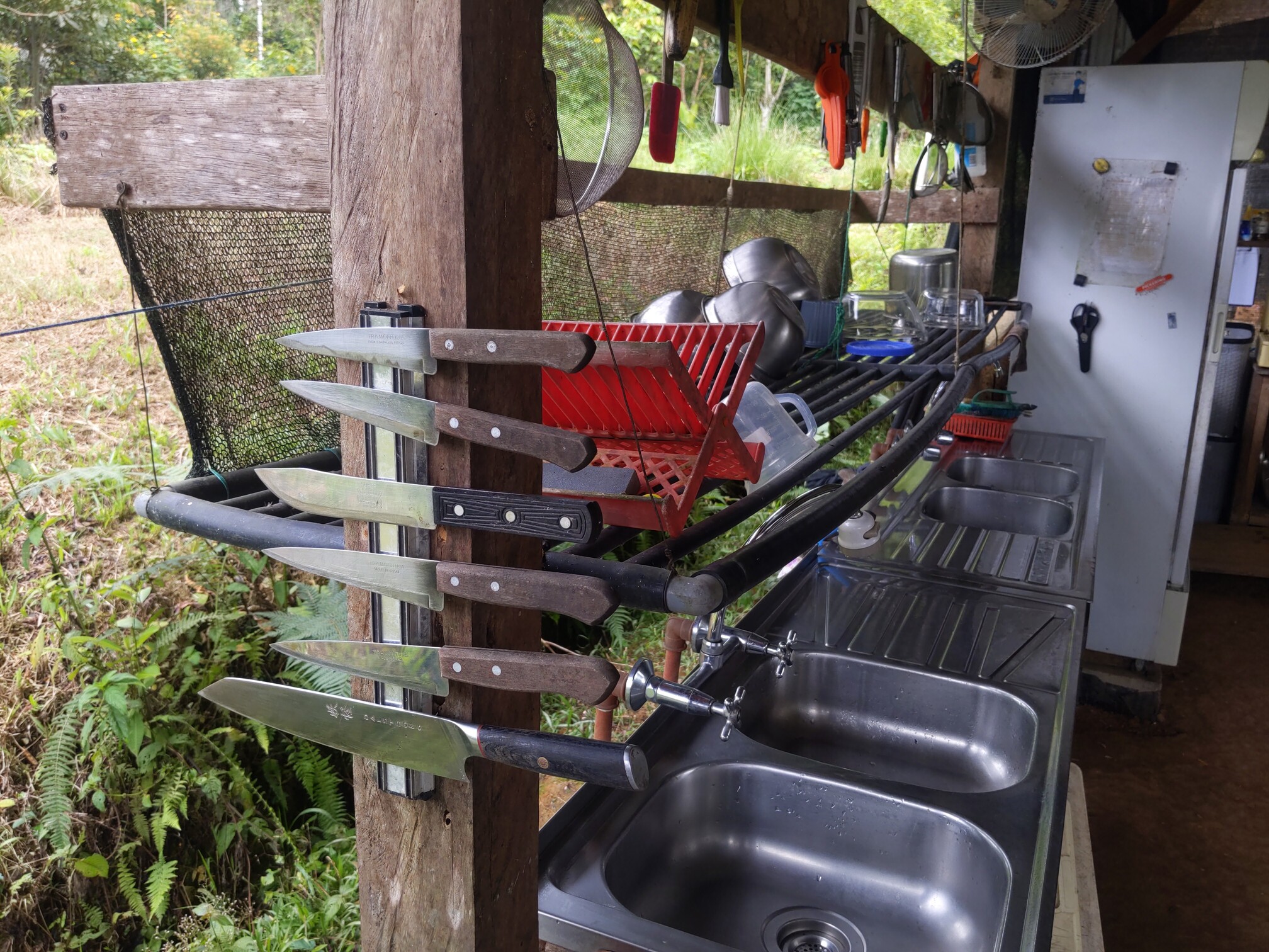 Photo of a magnetic rack holding six knives above the sinks. One knife has asian glyphs engraved on its blade.